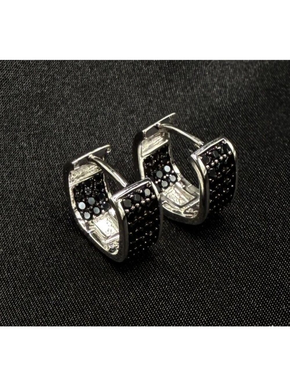 925 Sterling Silver Black CZ Hoop Earrings